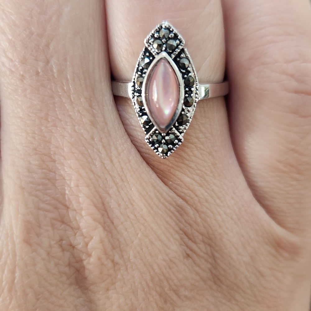 Elegant Silver and Pink Marquise Ring